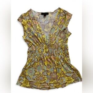 EXPRESS L EUC Mustard Yellow Brown Floral V-Neck Ruched Smocked Top Blouse